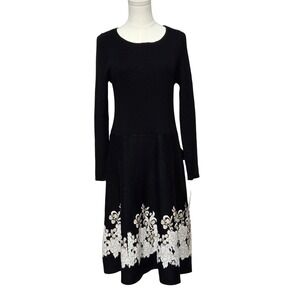 Taylor Dress Womens 2X Black Ivory Fit Flare Long Sleeve Floral Knit‎ New Tags